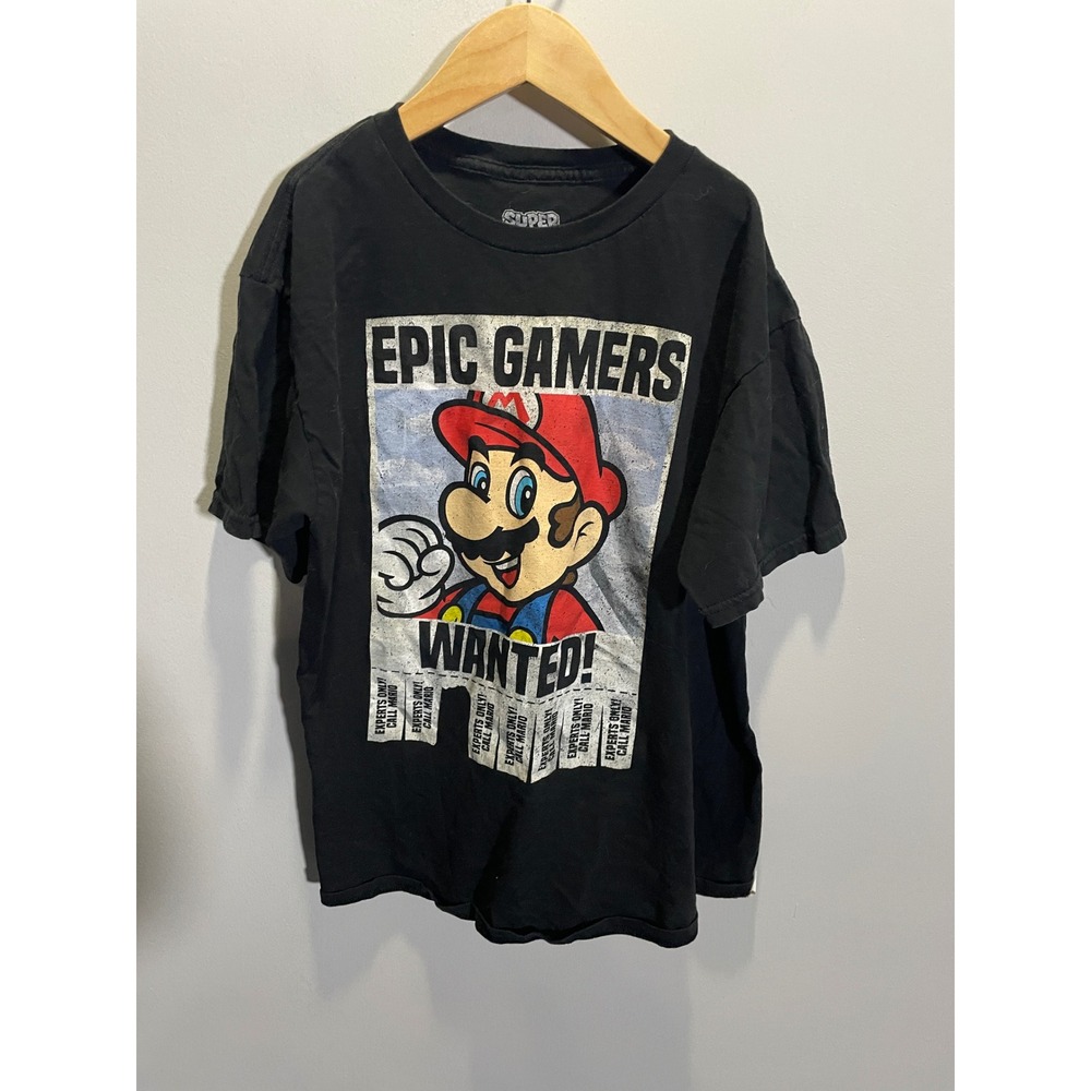 Super Mario Graphic Tee Kids Large Black Epic Gamers Wanted Nintendo T-Shirt